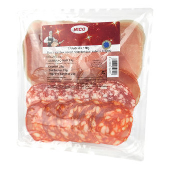 Tapas mix 150g - masný výrobek sušený, krájený Serrano ham,Chorizo,Salchichon,Vepř. panenka