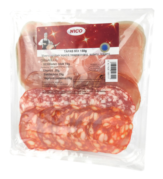 Tapas mix 150g - masný výrobek sušený, krájený Serrano ham,Chorizo,Salchichon,Vepř. panenka