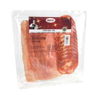 Tapas duo 100g - masný výrobek sušený, krájený Serrano ham,Chorizo